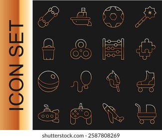 Set line Baby stroller, Roller skate, Puzzle pieces toy, Soccer football ball, Fidget spinner, Sand bucket, Skateboard and Abacus icon. Vector