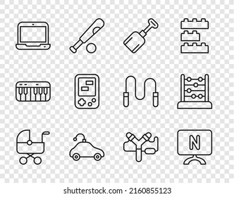 Set line Baby stroller, Smart Tv, Shovel toy, Radio controlled car, Laptop, Tetris electronic game, Slingshot and Abacus icon. Vector