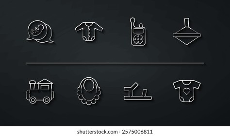 Set line Baby, Toy train, Whirligig toy, shoes, bib, clothes,  and Monitor Walkie Talkie icon. Vector