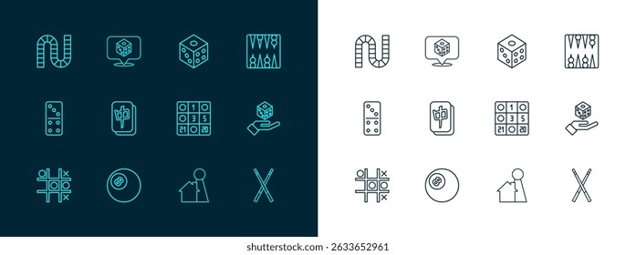 Set line Backgammon board, Billiard pool snooker ball, Bingo card, Chip for game, Mahjong pieces, Game dice, Board and  icon. Vector