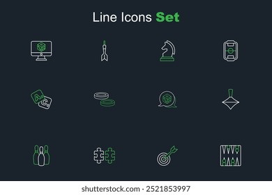 Set line tablero de backgammon, dardo clásico y flecha, piezas de rompecabezas de juguete, Bowling pin, Whirling, dados de juego, fichas de juego de dama y el icono de bingo. Vector