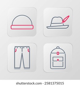 Set line Backpack, Pants, Oktoberfest hat and Beanie icon. Vector