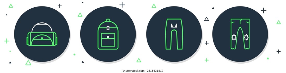 Set line Backpack, Pants, Sport bag and  icon. Vector