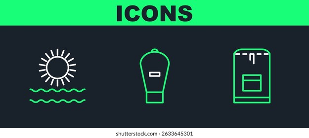 Set line Backpack, Sun and waves and Lift bag icon. Vector