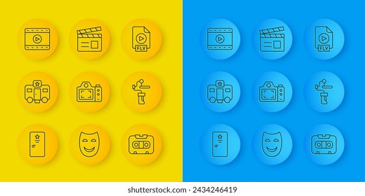 Set line Backstage, Actor trailer, Photo camera, Retro audio cassette tape, Gimbal stabilizer for, Play Video, FLV file document and Movie clapper icon. Vector