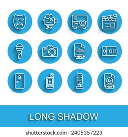 Set line Backstage, Light meter, Drama theatrical mask, Microphone, MOV file document, Photo camera, and video shooting and MP3 icon. Vector