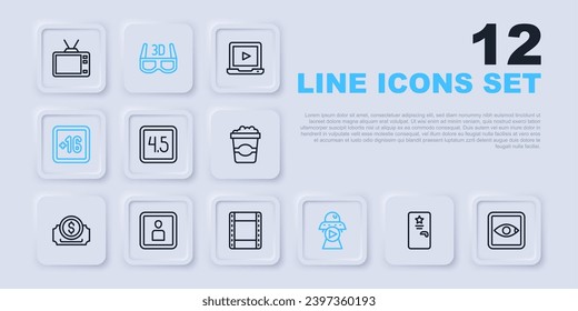 Ajuste la línea entre bastidores, película de clasificación, ciencia ficción, Plus 16, Play Video, gafas de cine 3D e icono de video. Vector