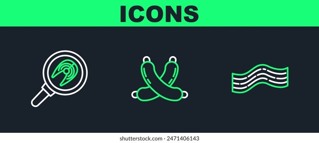 Fije la raya de tocino, filete de pescado en sartén e icono de salchicha cruzada. Vector