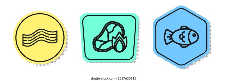 Set line Bacon stripe, Grilled steak meat and fire flame and Fish. Colored shapes. Vector