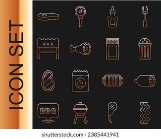 Set Linie Bacon Streifen, Salami Wurst, Salz, Sauce Flasche, Hühnerbein, BBQ brazier, Steak Fleisch und Matchbox und Streichhölzer Icon. Vektorgrafik