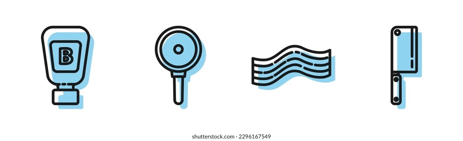 Set line Bacon stripe, Sauce bottle, Frying pan and Meat chopper icon. Vector
