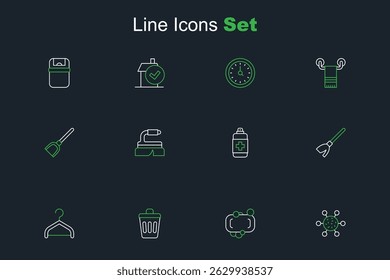 Set line Bacteria, Bar of soap, Trash can, Hanger wardrobe, Handle broom, Antibacterial, Brush for cleaning and Dustpan icon. Vector
