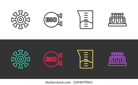 Set line Bacteria, Bio healthy food, Laboratory glassware or beaker and Test tube and flask on black and white. Vector