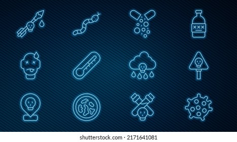 Set line Bacteria, Bones and skull, Poisoned pill, Thermometer, Man poisoning, the arrow, Acid rain and Snake icon. Vector