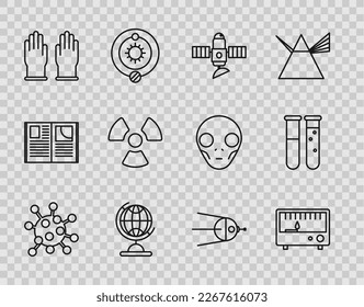 Set line Bacteria, Electrical measuring instruments, Satellite, Earth globe, Rubber gloves, Radioactive,  and Test tube and flask chemical laboratory icon. Vector