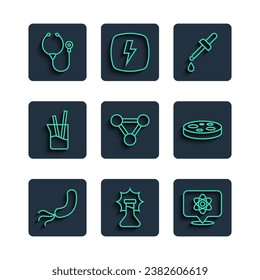 Set line Bacteria, Explosion in the flask, Atom, Pipette, Molecule, Laboratory glassware, Stethoscope and Petri dish with bacteria icon. Vector