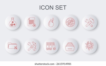 Set line Bacteria, Folder service, Clean water drop, Drawer with documents, Test tube virus, File, Crossed hammer and wrench and Office folders icon. Vector