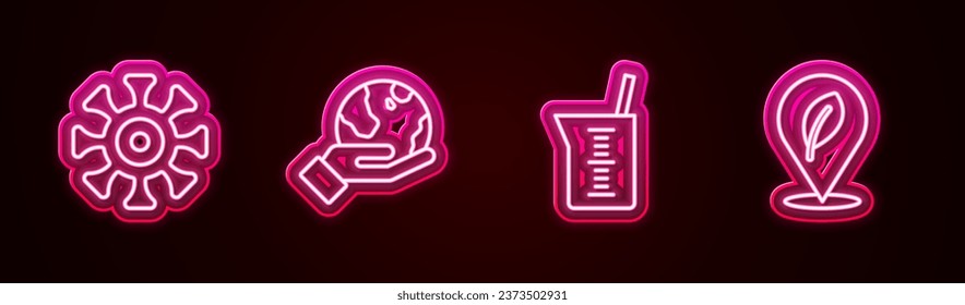 Set line Bacteria, Hand holding Earth globe, Laboratory glassware or beaker and Location with leaf. Glowing neon icon. Vector