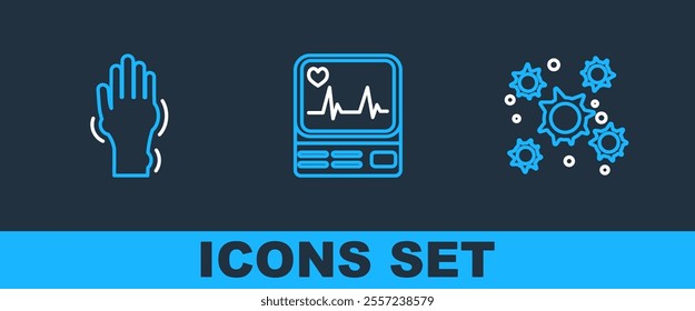Set line Bacteria, Hand with psoriasis or eczema and Monitor cardiogram icon. Vector