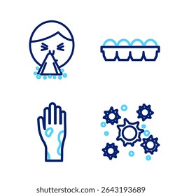 Set line Bacteria, Hand with psoriasis or eczema, Chicken egg in box and Handkerchief to his runny nose icon. Vector