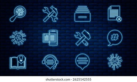 Set line Bacteria, Hashtag speech bubble, Drawer with documents, Smartphone and book, Microorganisms under magnifier, Crossed hammer wrench and  icon. Vector