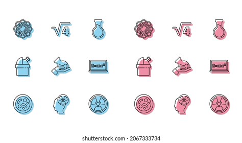 Fijar la línea Bacterias, la cabeza y el símbolo de radiación, Átomo, Radioactivo, matraz de tubo de ensayo, solución de ecuación, observatorio astronómico y raíz cuadrada del icono de 4 glifos. Vector