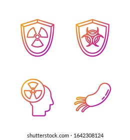 Set line Bacteria, Human head and a radiation, Radioactive in shield and Biohazard symbol on shield. Gradient color icons. Vector