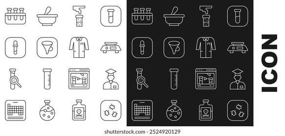 Set line Bacteria, Laboratory assistant, Electronic scales, Test tube and flask, Funnel filter, Pipette,  and uniform icon. Vector