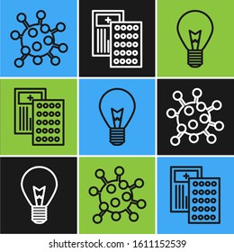 Set line Bacteria, Light bulb with concept of idea and Pills in blister pack icon. Vector