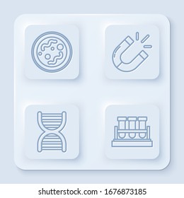 Set line Bacteria, Magnet, DNA symbol and Test tube and flask chemical. White square button. Vector