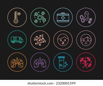 Fijar la línea bacterias, hombre con sudoración excesiva, kit de primeros auxilios, píldora o tablet de Medicina, auto de emergencia, termómetro digital médico, nariz de Runny e ícono. Vector