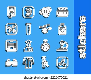 Set line Bacteria, Microscope, Poison in bottle, Molecule, Test tube and flask, Medicine pill or tablet, Certificate template and  icon. Vector