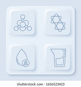 Fijar la línea bacterias, molécula, gota de agua y cristalería de laboratorio o vaso de precipitados. Botón cuadrado blanco. Vector