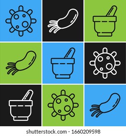 Set line Bacteria, Mortar and pestle and Bacteria icon. Vector