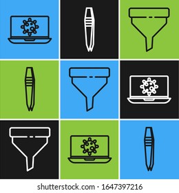 Set line Bacteria on laptop, Funnel or filter and Tweezers icon. Vector