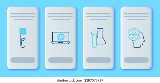 Set line Bacteria on laptop, Test tube and flask chemical,  and Human head radiation icon. Vector