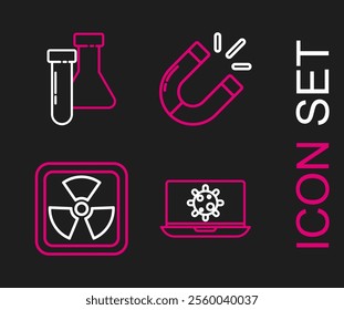 Set line Bacteria on laptop, Radioactive, Magnet and Test tube and flask chemical icon. Vector