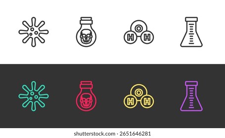 Linha Set Bactérias, Veneno em garrafa, Fórmula química para H2O e tubo de ensaio e frasco em preto e branco. Vetor