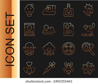 Set line Bacteria, Poison magnifying glass, Cigarette, Bottle with potion, Experimental mouse, Radioactive waste barrel, Man poisoning and Radiation warning document icon. Vector