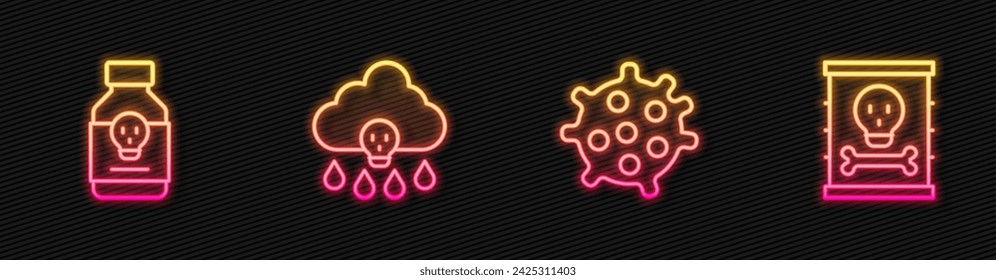 Set line Bakterien, vergiftete Pille, saurer Regen und radioaktive Abfälle Fass. Leuchtendes Neon-Symbol. Vektor