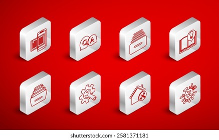 Set line Bacteria, Question and Answer, Drawer with documents, Interesting facts, House service, Smartphone book, Wrench gear and  icon. Vector