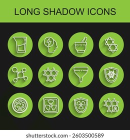 Set line Bacteria, Radioactive, Laboratory glassware or beaker, in shield, Chemical formula, Biohazard symbol on and Funnel filter icon. Vector