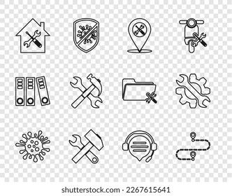 Set line Bacteria, Route location, Location service, Crossed hammer and wrench, House, Headphones with speech bubble chat and Wrench gear icon. Vector