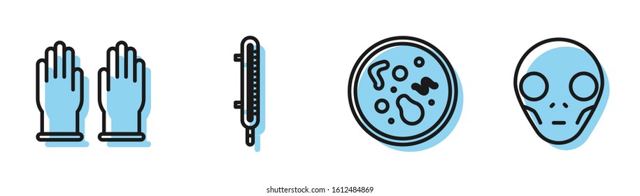 Set line Bacteria, Rubber gloves, Meteorology thermometer measuring and Extraterrestrial alien face icon. Vector