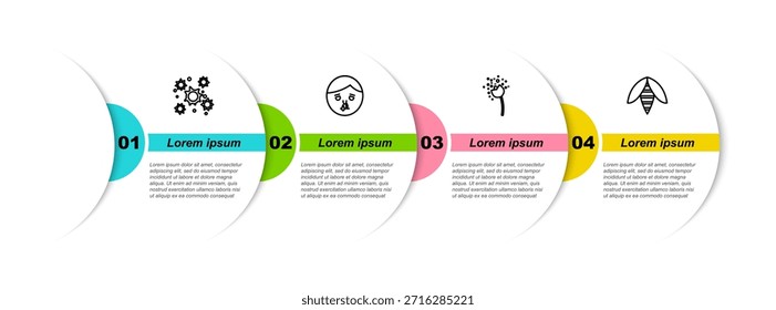 Bacteria de línea fija, secreción nasal, flor que produce polen y abeja. Plantilla de infografía de negocios. Vector