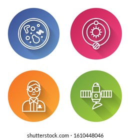 Set line Bacteria, Solar system, Scientist and Satellite. Color circle button. Vector