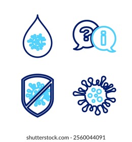 Set line Bacteria, Stop virus, bacteria, Question and Exclamation and Dirty water drop icon. Vector