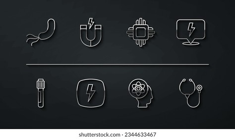 Ajuste la línea bacterias, tubo de ensayo, tornillo relámpago, átomo, imán, estetoscopio e icono de CPU del procesador. Vector