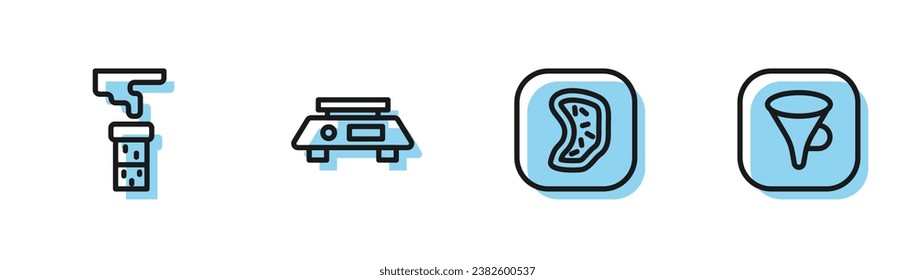 Set line Bacteria, Test tube and flask, Electronic scales and Funnel or filter icon. Vector