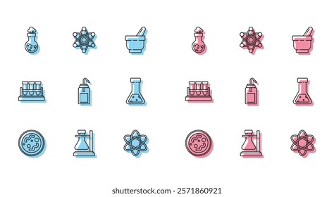 Set line Bacteria, Test tube flask on stand, chemical, Atom, Laboratory wash bottle,  and  icon. Vector